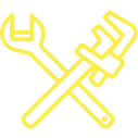 A yellow wrench and spanner crossed over one another.